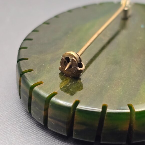 VTG Marbled Dark Green Bakelite Oval Brooch Pin 2.5" Ribbed Edge Spinach Color - Picture 5 of 8